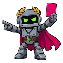 The referee: the robot gladiator pointing and holding up a penalty card